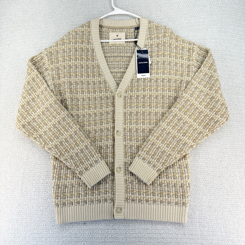 Jack & Jones Premium‎ Parker Knit Cardigan Mens Small Tan Long Sleeve Preppy